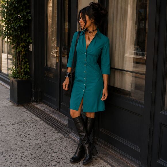 Express Dresses & Skirts - y2k Express Design Studio Shirt Dress W/4 Teal Green 3/4 Sleeve Knee Ln